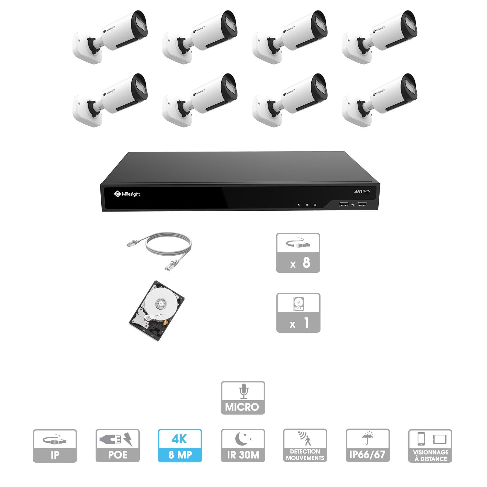 Kit vidéosurveillance 8 caméras | 4K | IP PoE | 8 câbles RJ45 20/30/40/50 mètres | HDD 1 à 6 To | Tube Milesight