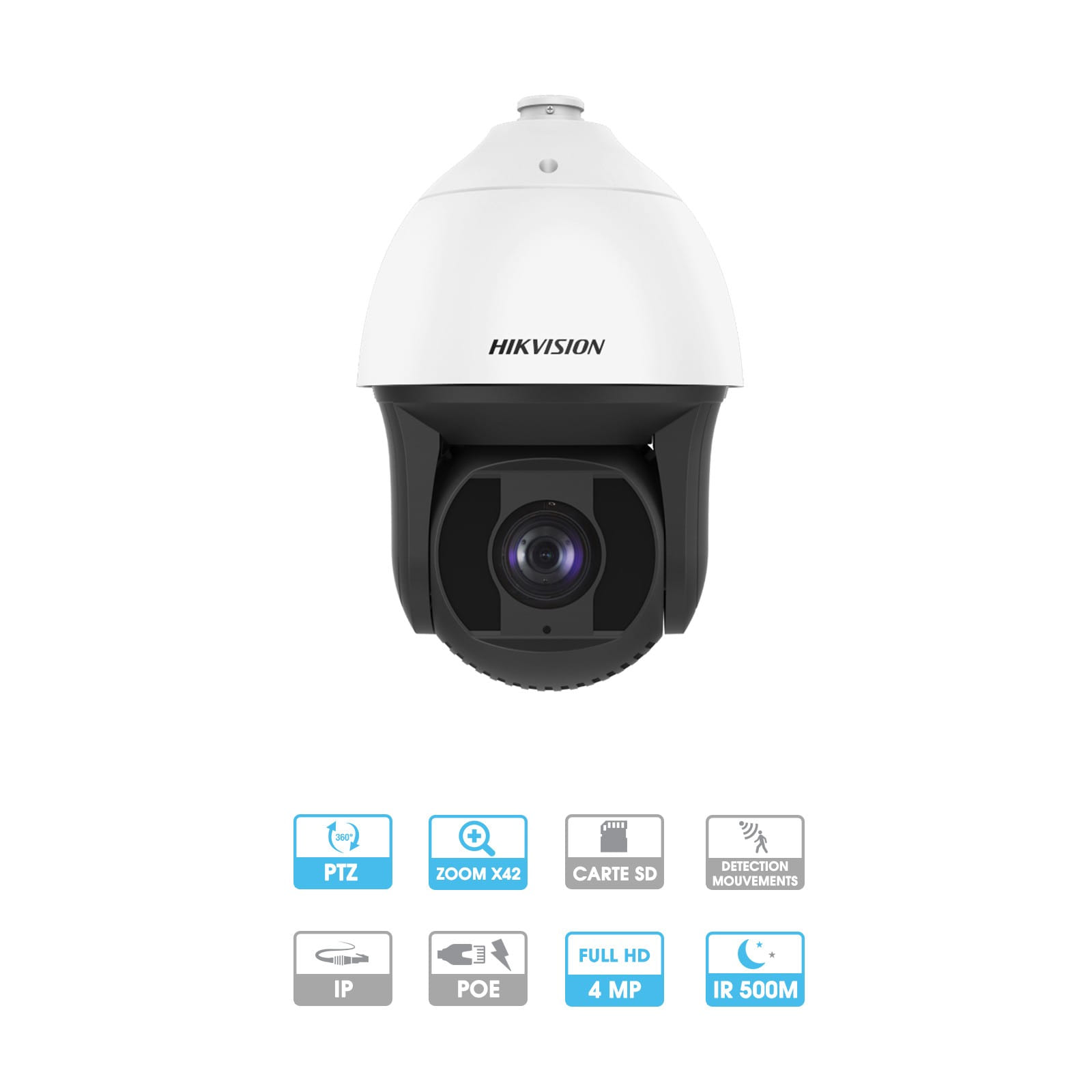 Caméra Hikvision | Speed-Dôme | 4 MP | IP PoE | Zoom x 42 | PTZ (rotative, vision 360°) | Infrarouge 500 mètres