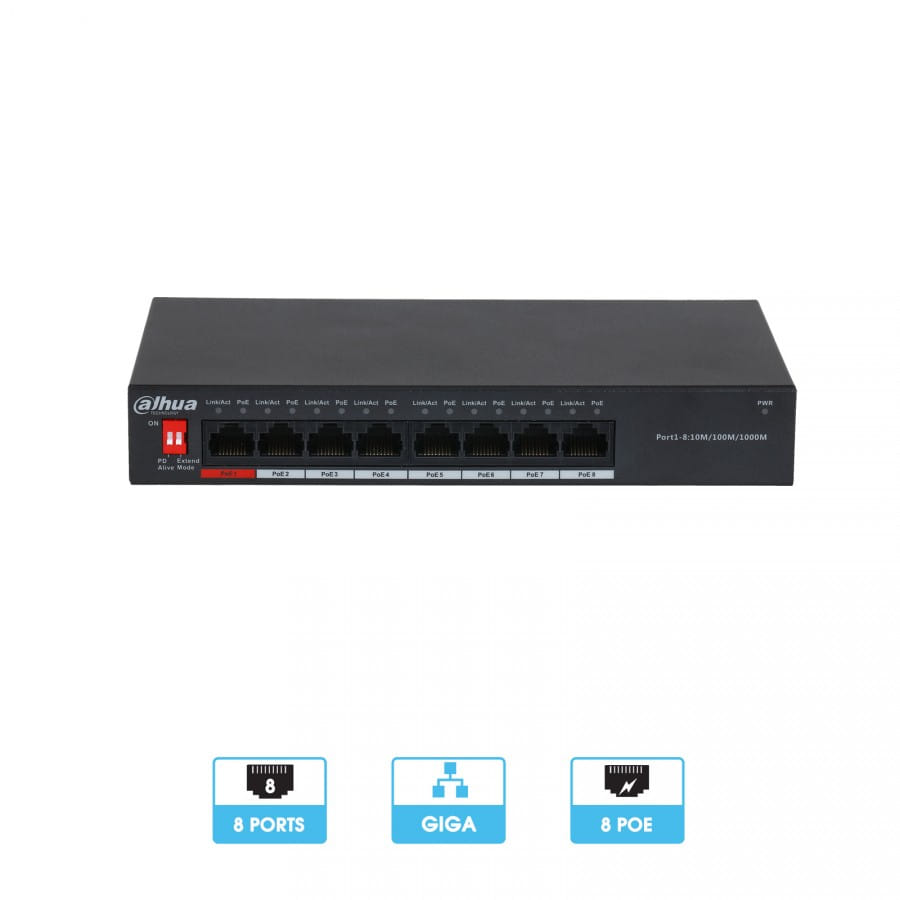 Switch 8 ports PoE 1000 Mbps | Commutateur gigabit ethernet | Dahua