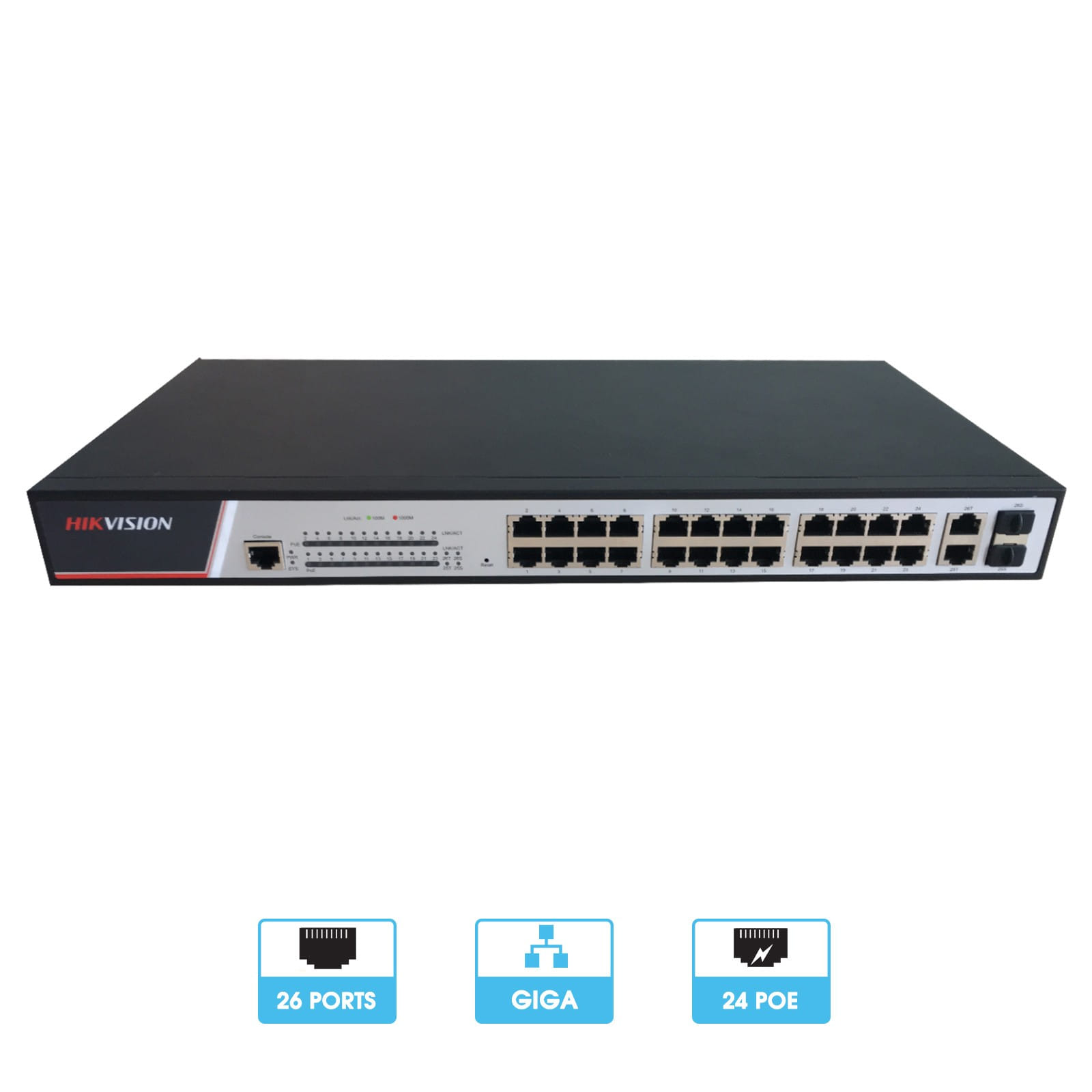 Switch 24 ports POE + 2 ports Uplink ou SFP 1000 Mbps | Transmission jusqu'à 300 mètres | Hikvision
