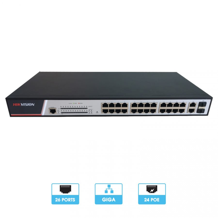 Switch 24 ports POE + 2 ports Uplink ou SFP 1000 Mbps | Transmission jusqu'à 300 mètres | Hikvision