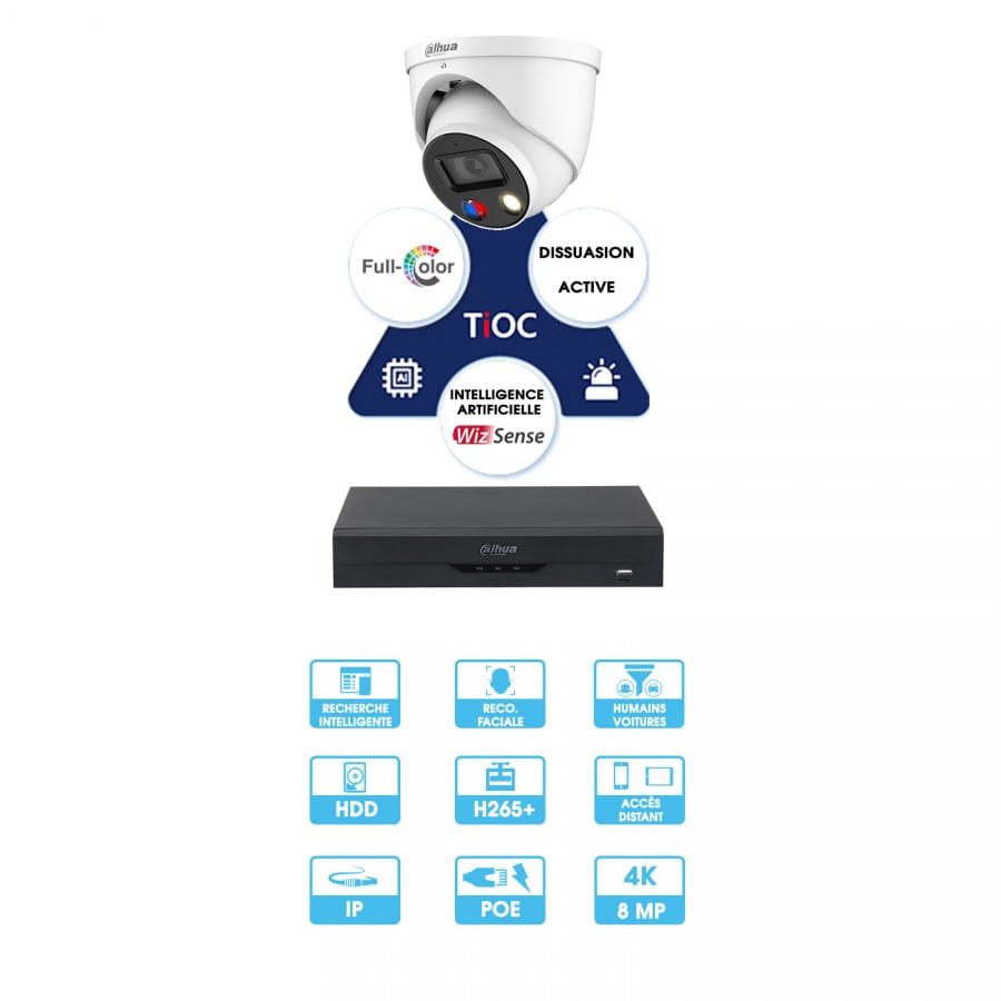 Kit vidéosurveillance dissuasion active en 4 K - 1 caméra + 1 NVR + 1 HDD | Dahua | TioC - Wizsense | Alarme | Microphone