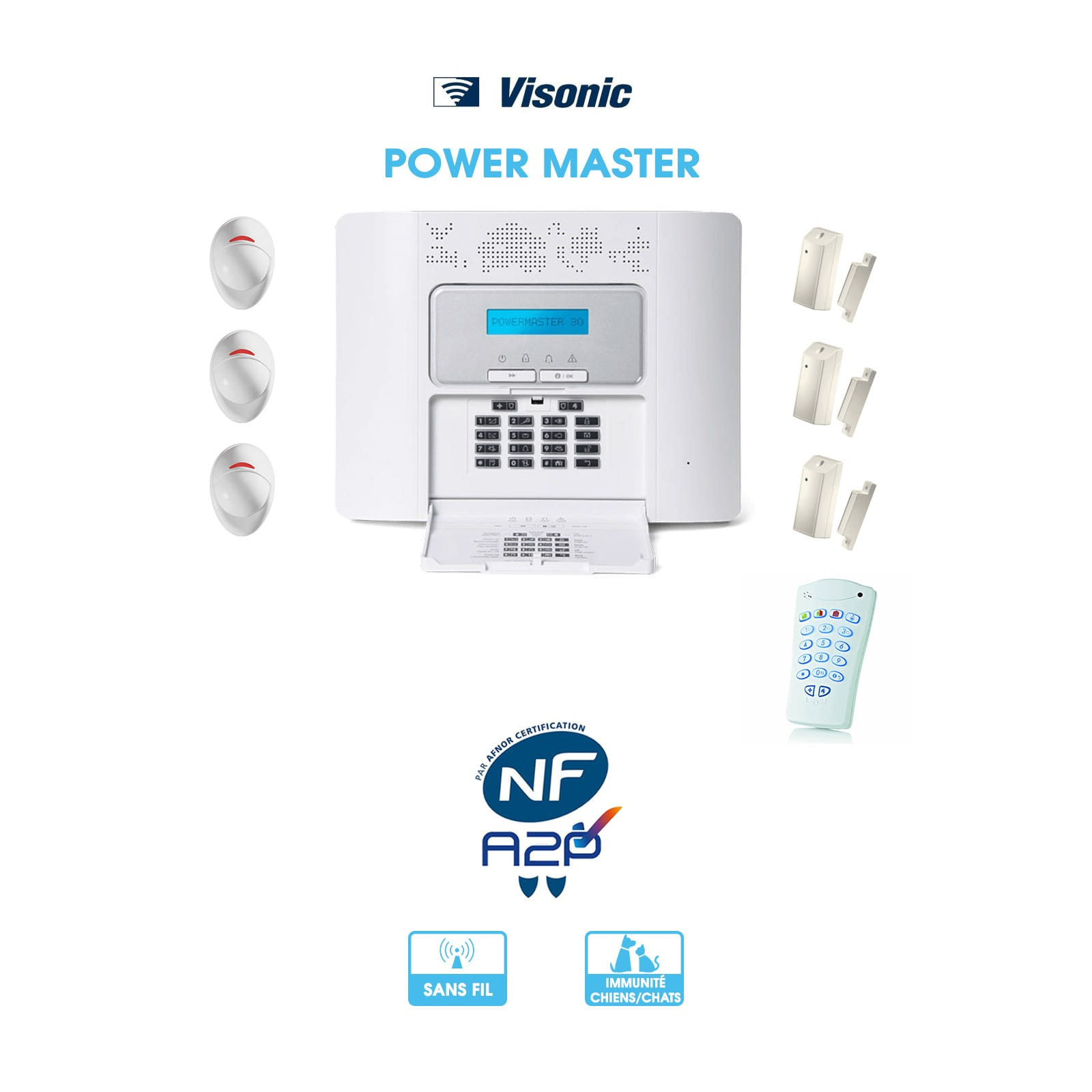Kit alarme Visonic PowerMaster 30 | Sans fil | 3 détecteurs de mouvements | 3 détecteurs d'ouverture | 1 clavier