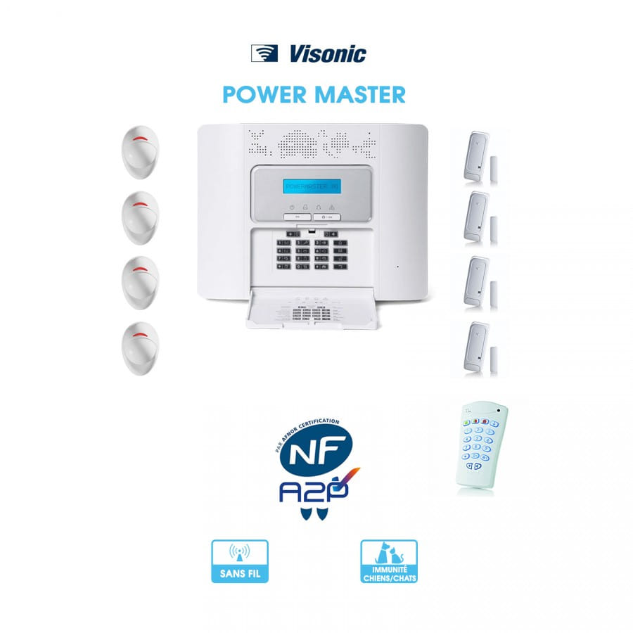 Kit alarme Visonic PowerMaster 30 | Sans fil | 4 détecteurs de mouvements | 4 détecteurs d'ouverture | 1 clavier