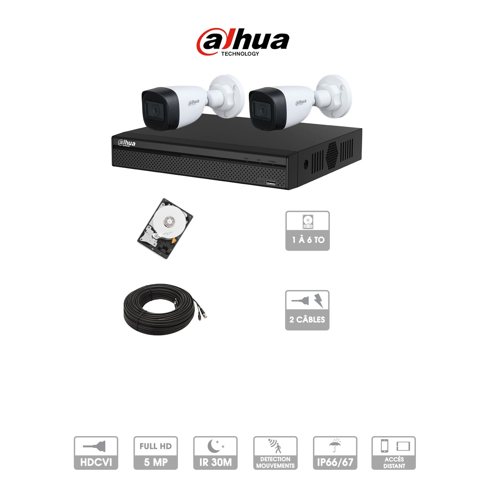 Kit vidéosurveillance 2 caméras | 5MP HD | 2 câbles 20 mètres | HDD 1To | Tube Dahua