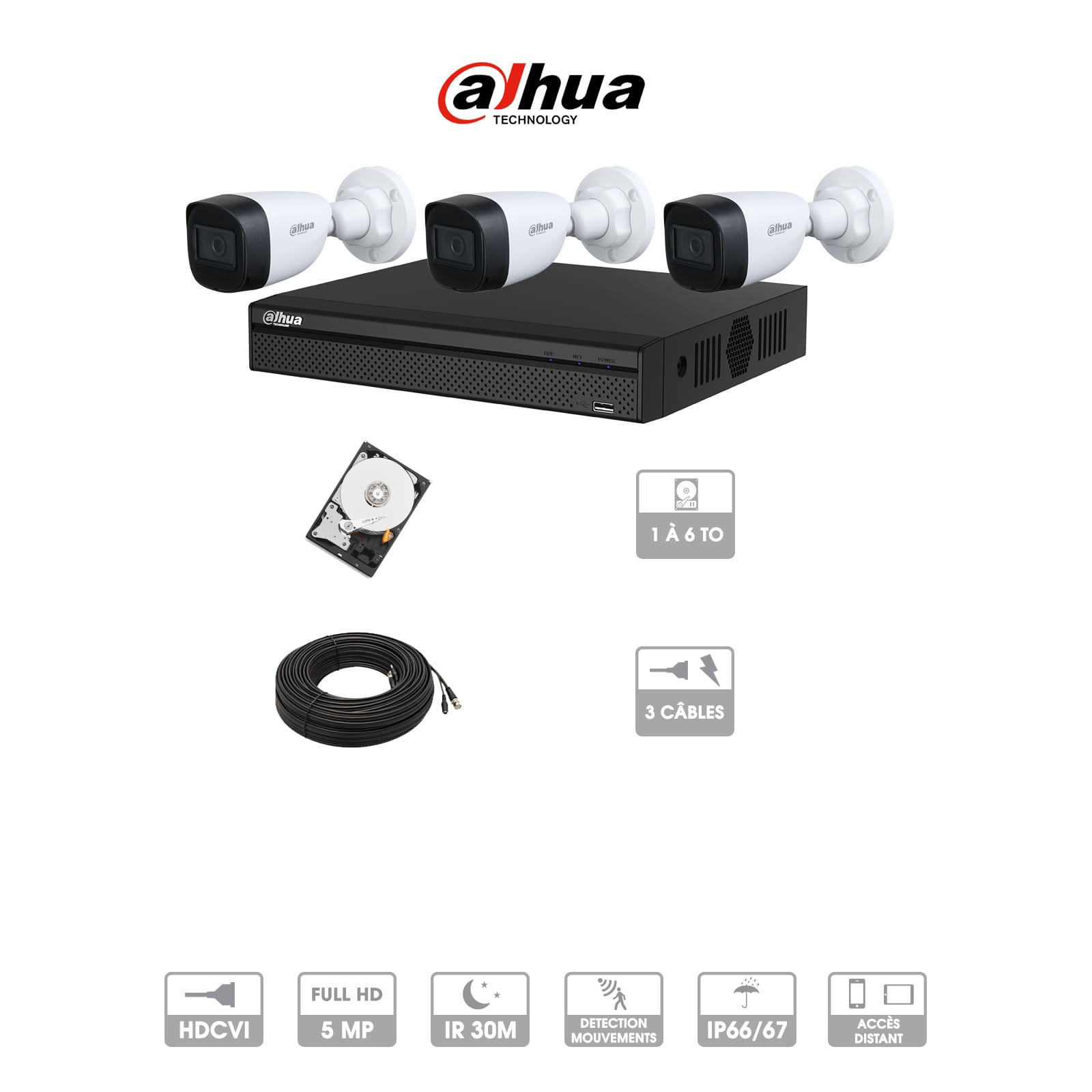 Kit vidéosurveillance 3 caméras | 5MP HD | 3 câbles 20 mètres | HDD 1To | Tube Dahua