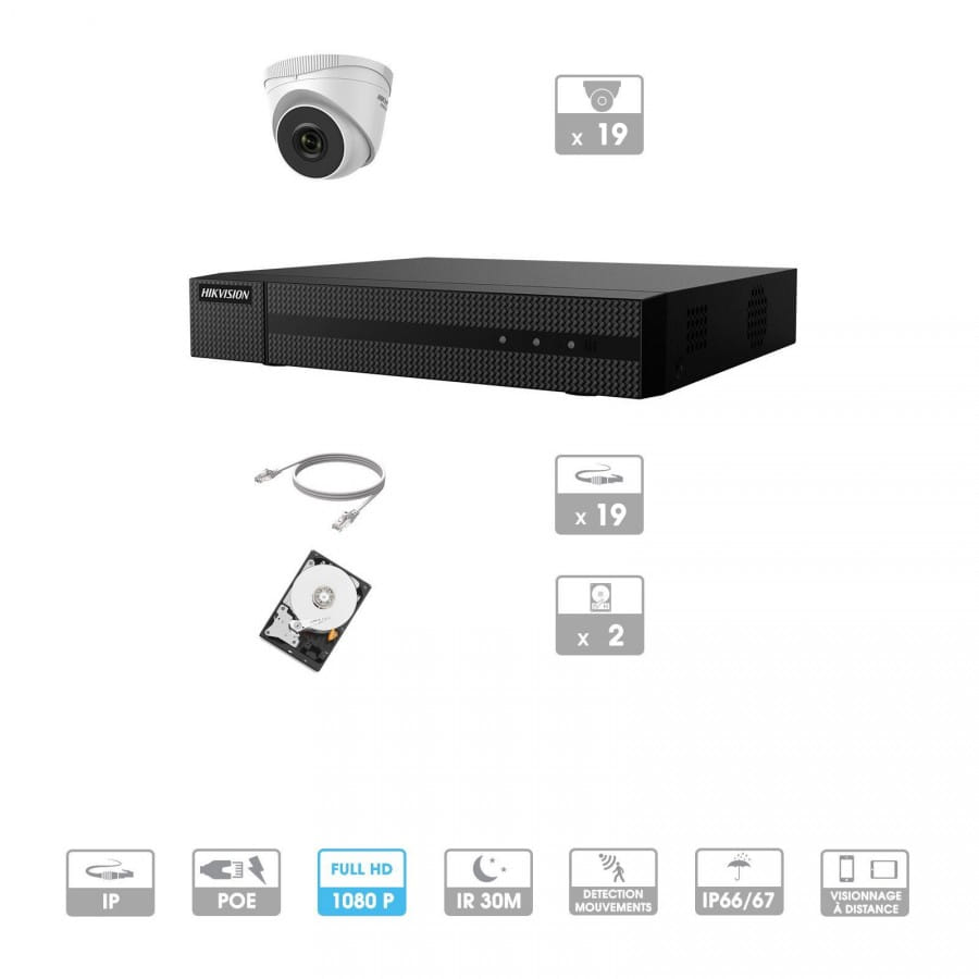 Kit vidéosurveillance 19 caméras | 1080P | IP PoE | 19 câbles RJ45 20/30/40/50 mètres | 2 HDD 1 à 6 To | Dômes Hiwatch