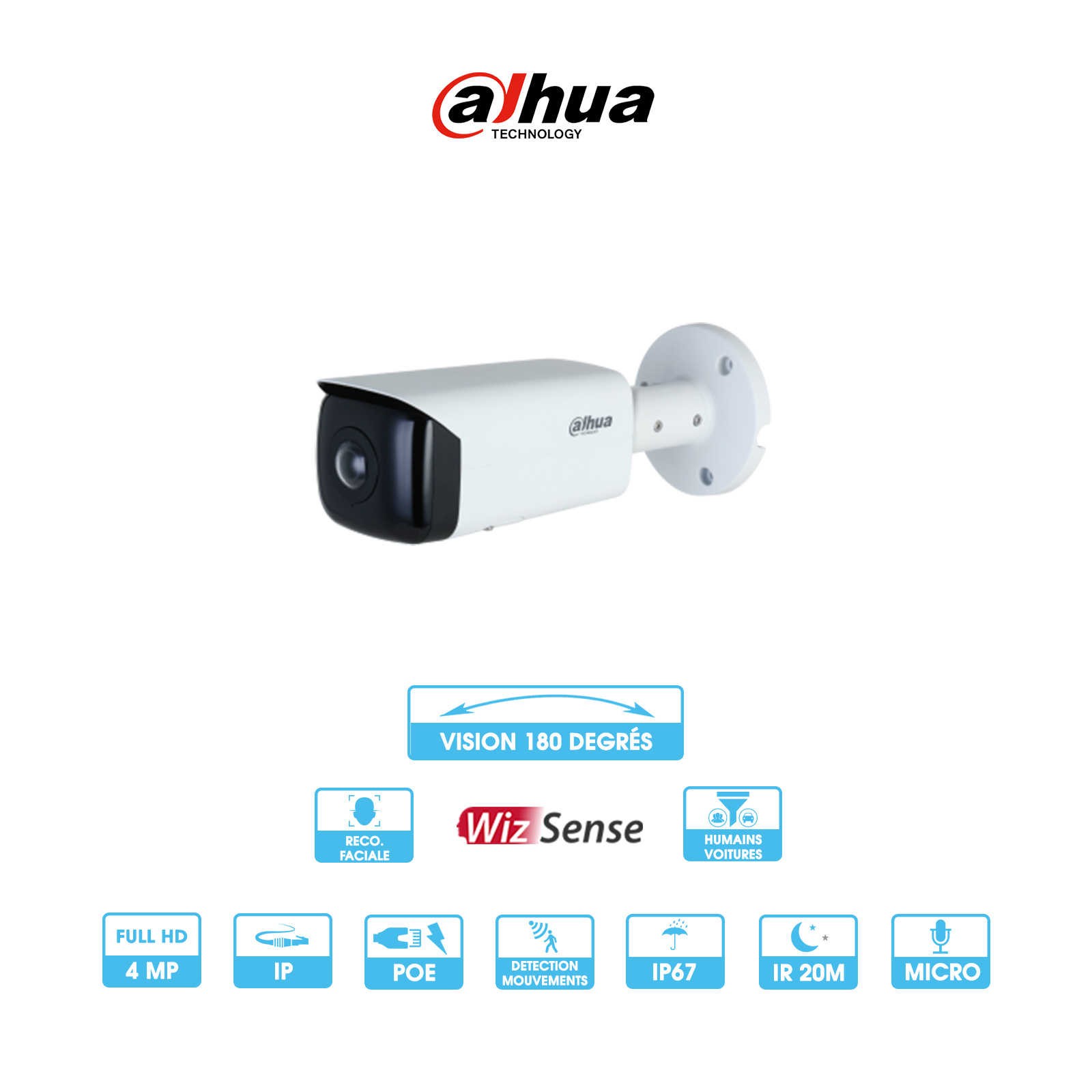 Caméra Dahua | WizSense | Tube | 4 MP | IP | PoE | Grand angle 180° | Différence humain / véhicule