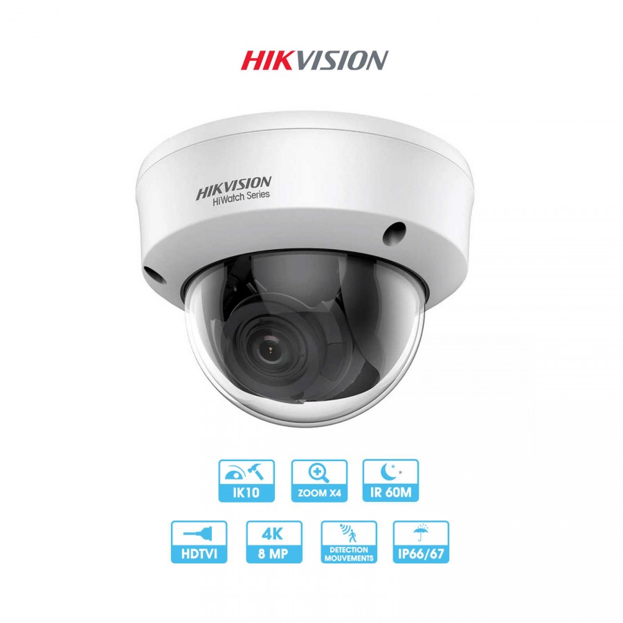 Caméra Hikvision Hiwatch | Dôme antivandalisme | 8 MP (4K) | Analogique | Zoom motorisé x 4