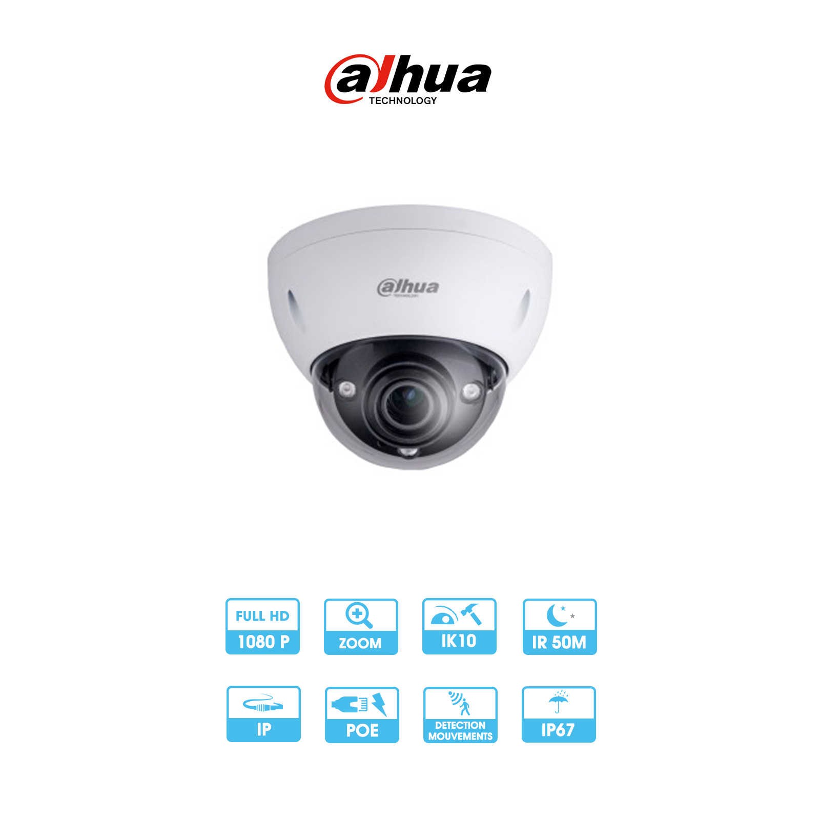 Caméra Dahua | Dôme antivandale | 2 MP | IP PoE | Infrarouge 50 mètres | Zoom motorisé x4 | Sortie directe HDMI