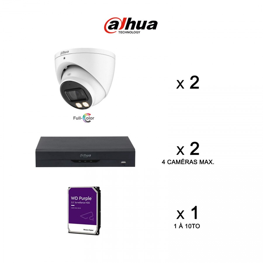 Kit vidéosurveillance analogique : 2 caméras Full Color 5MP | 1 XVR 4 voies | 2 câbles | Disque dur | Dômes Dahua
