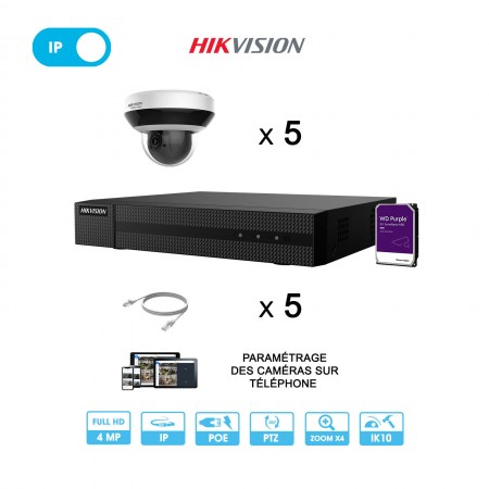 Kit vidéosurveillance 5 caméras pilotables (PTZ) | Zoom x4 | 4MP | IP PoE | 5 câbles RJ45 20 mètres ou plus | Disque dur