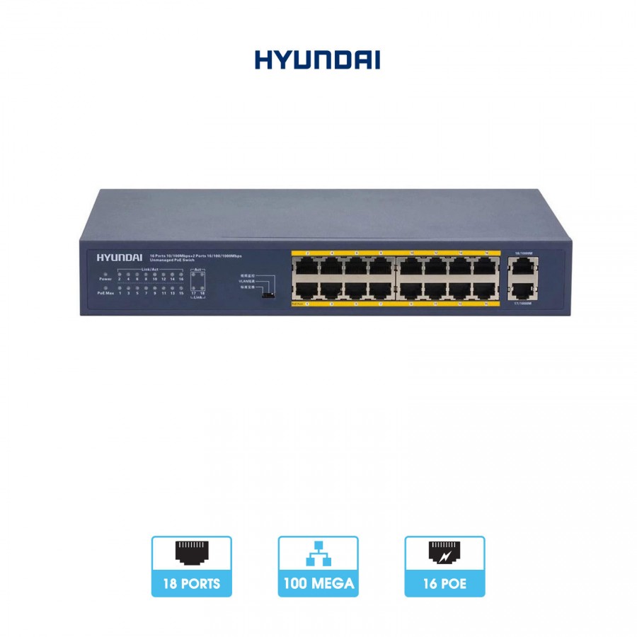 Switch 16 ports PoE Mégabits 10/100| + 2 ports Gigabit 100/1000 | Transmission jusqu'à 250 mètres | Hyundai