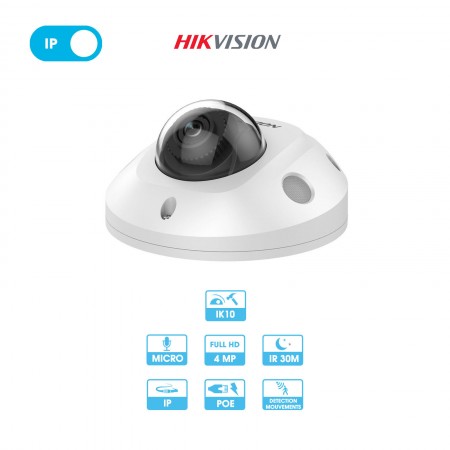 Caméra Hikvision | Dôme plat | 4 MP | IP PoE | Microphone intégré | Protection antivandalisme | Infrarouge 10 mètres