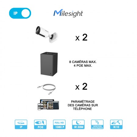 Kit vidéosurveillance 2 caméras réseau Milesight | 2 MP | IP PoE | 2 câbles RJ45 20 mètres ou plus | Disque dur