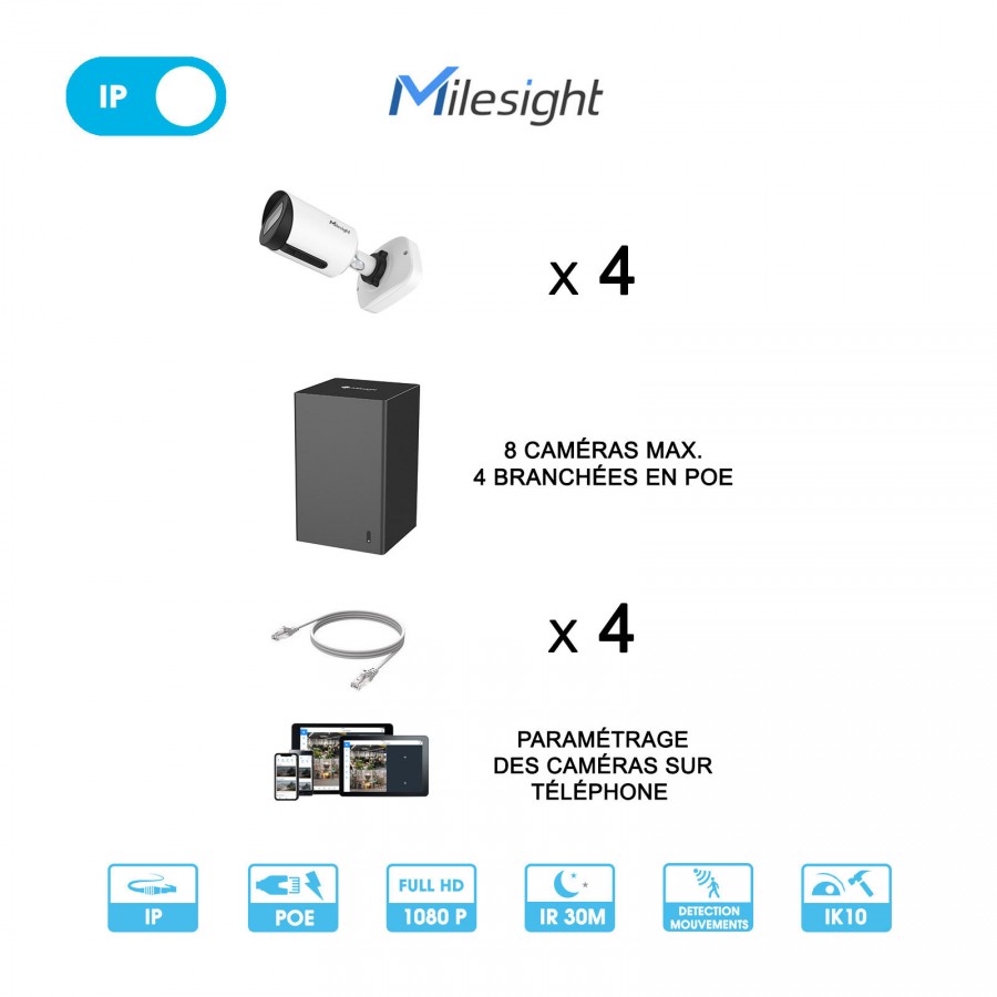 Kit vidéosurveillance 4 caméras réseau Milesight | 2 MP | IP PoE | 4 câbles RJ45 20 mètres ou plus | Disque dur