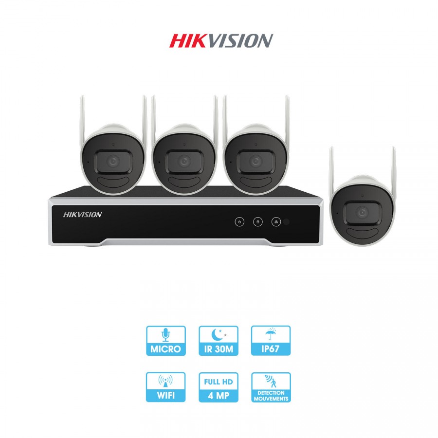 Kit vidéosurveillance 4 caméras réseau WIFI Hikvision | 4 MP | IP | Disque dur de 1 To intégré