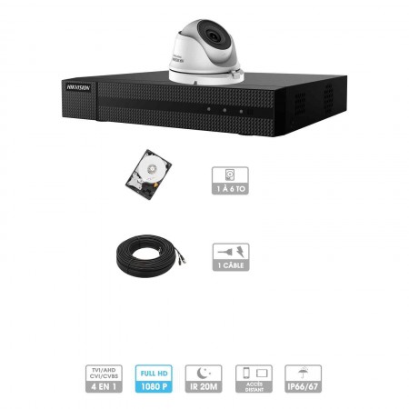 Kit vidéosurveillance 1 caméra | 1080P | HD | 1 câble 20 mètres | HDD 1To | Dômes Hiwatch