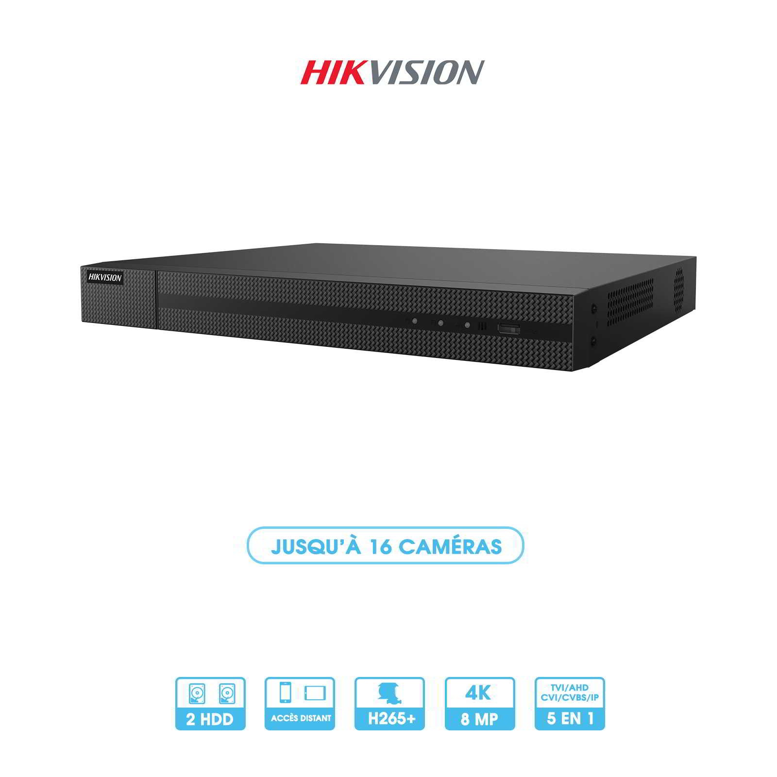 Enregistreur analogique XVR Hikvision Hiwatch | 16 caméras | HDTVI/HDCVI/AHD/CVBS | 8 MP (4K) | 2 disques durs