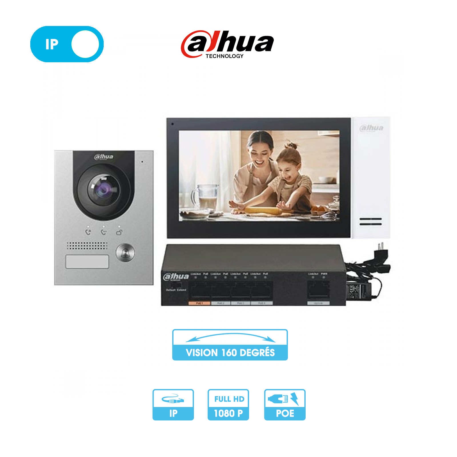 Kit interphone vidéo sans fil | Dahua | Platine de rue + écran intérieur + switch PoE