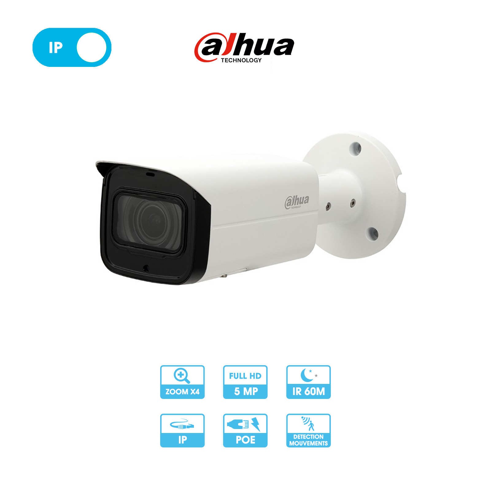 Caméra Dahua | Tube | 5 MP | IP PoE | Zoom x4 | IR 60 mètres