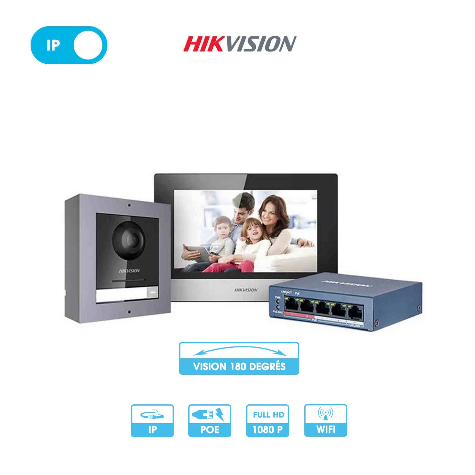 Kit interphone vidéo IP | Hikvision | Platine de rue + écran intérieur + switch PoE