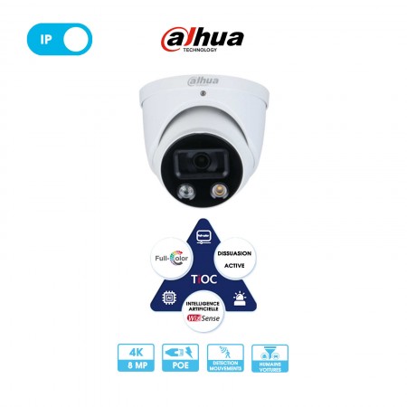 Caméra Dahua WizSense - TiOC| Dôme | 8 MP (4K) | IP | Alarme par clignotement lumineux | Différence humain / véhicule