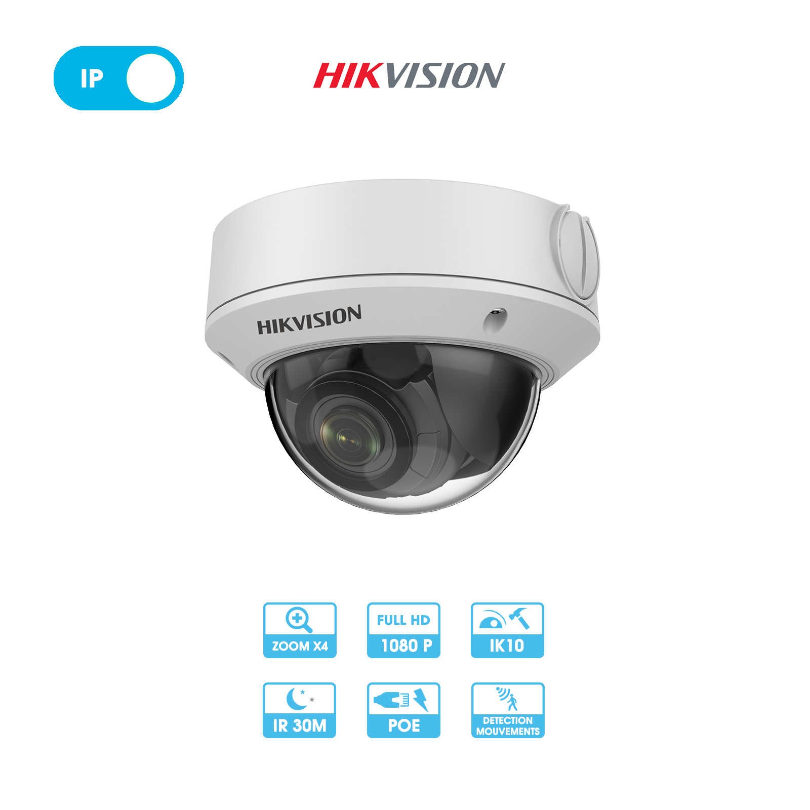 Caméra réseau Hikvision | Dôme antivandalisme | 2 MP | Zoom x4 | IP PoE