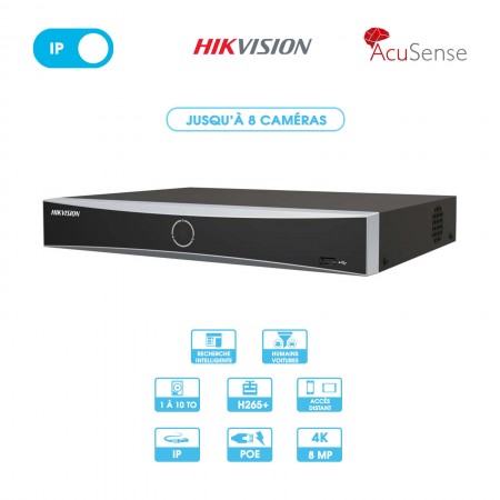 Enregistreur NVR Hikvision AcuSense | 8 caméras | IP PoE | 8 MP (4K) | 1 disque dur