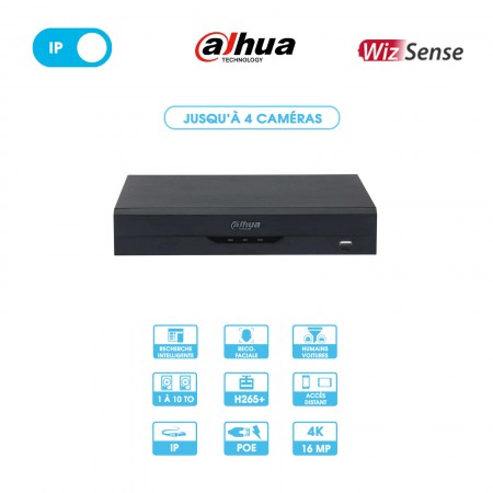 Enregistreur NVR Dahua WizSense | 4 caméras | IP PoE | 16 MP (4K) | 1 disque dur | NVR4104HS-P-EI