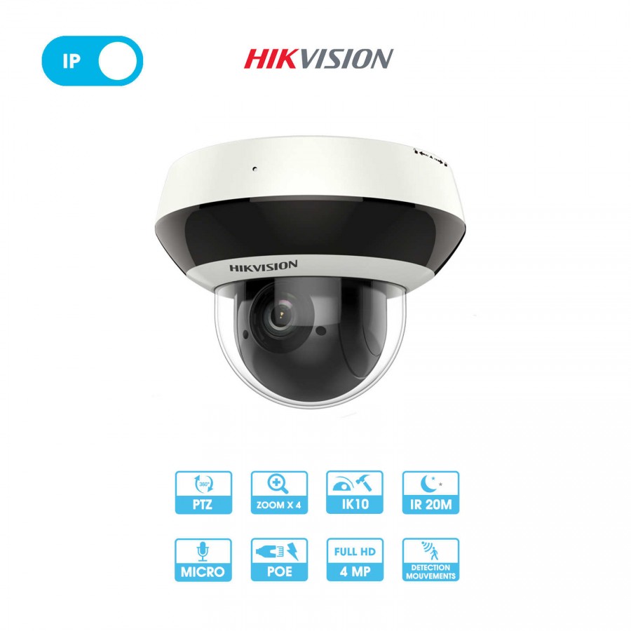 Caméra Hikvision | Dôme | 4 MP | IP PoE | Zoom x4 | Rotative (PTZ) | Antivandalisme
DS-2DE2A404IW-DE3(S6)