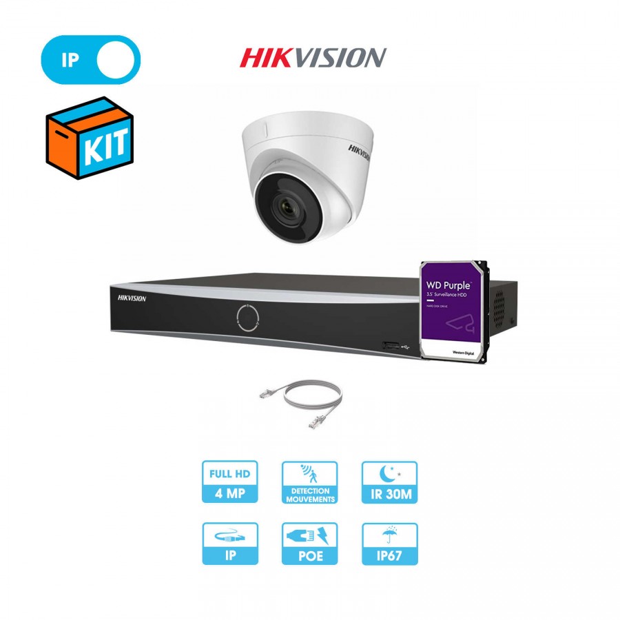 Kit vidéosurveillance 1 caméra dôme réseau Hikvision | 4 MP | IP PoE | Enregistreur + câble + disque dur