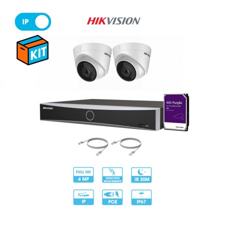 Kit vidéosurveillance 2 caméras dôme réseau Hikvision | 4 MP | IP PoE | Enregistreur + câbles + disque dur