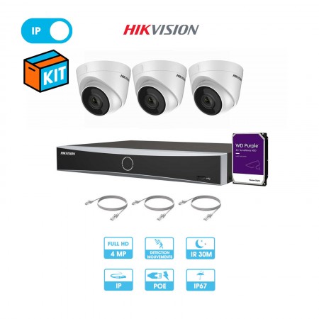 Kit vidéosurveillance 3 caméras dôme réseau Hikvision | 4 MP | IP PoE | Enregistreur + câbles + disque dur