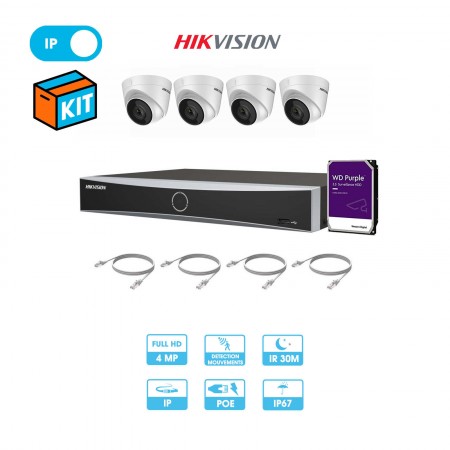 Kit vidéosurveillance 4 caméras dôme réseau Hikvision | 4 MP | IP PoE | Enregistreur + câbles + disque dur