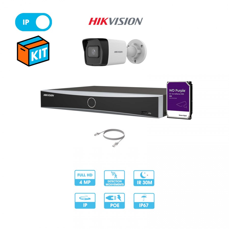 Kit vidéosurveillance 1 caméra tube réseau Hikvision | 4 MP | IP PoE | Enregistreur + câble + disque dur