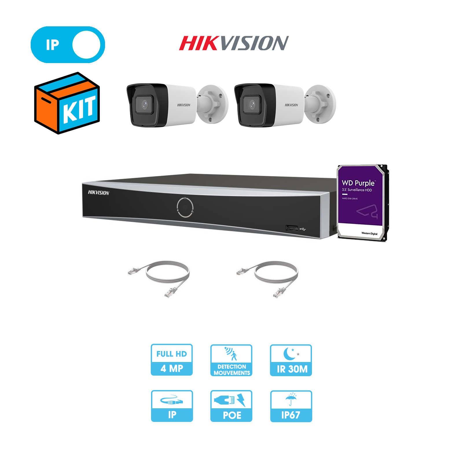 Kit vidéosurveillance 2 caméras tube réseau Hikvision | 4 MP | IP PoE | Enregistreur + câbles + disque dur