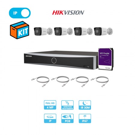 Kit vidéosurveillance 4 caméras tube réseau Hikvision | 4 MP | IP PoE | Enregistreur + câbles + disque dur