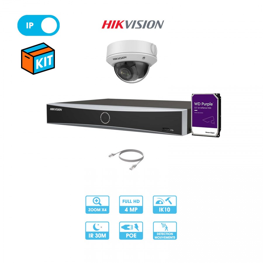 Kit vidéosurveillance 1 caméra dôme antivandale réseau Hikvision | 4 MP | Zoom x4 | IP PoE | Enregistreur + câble + disque dur
