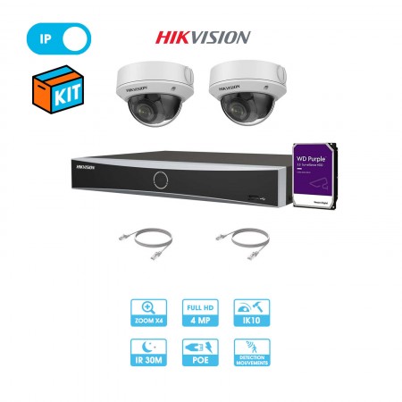 Kit vidéosurveillance 2 caméras dôme antivandale réseau Hikvision | 4 MP | Zoom x4 | IP PoE | Enregistreur + câbles + disque dur