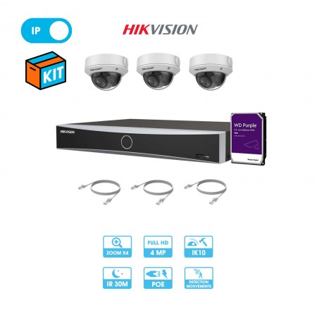 Kit vidéosurveillance 3 caméras dôme antivandale réseau Hikvision | 4 MP | Zoom x4 | IP PoE | Enregistreur + câbles + disque dur