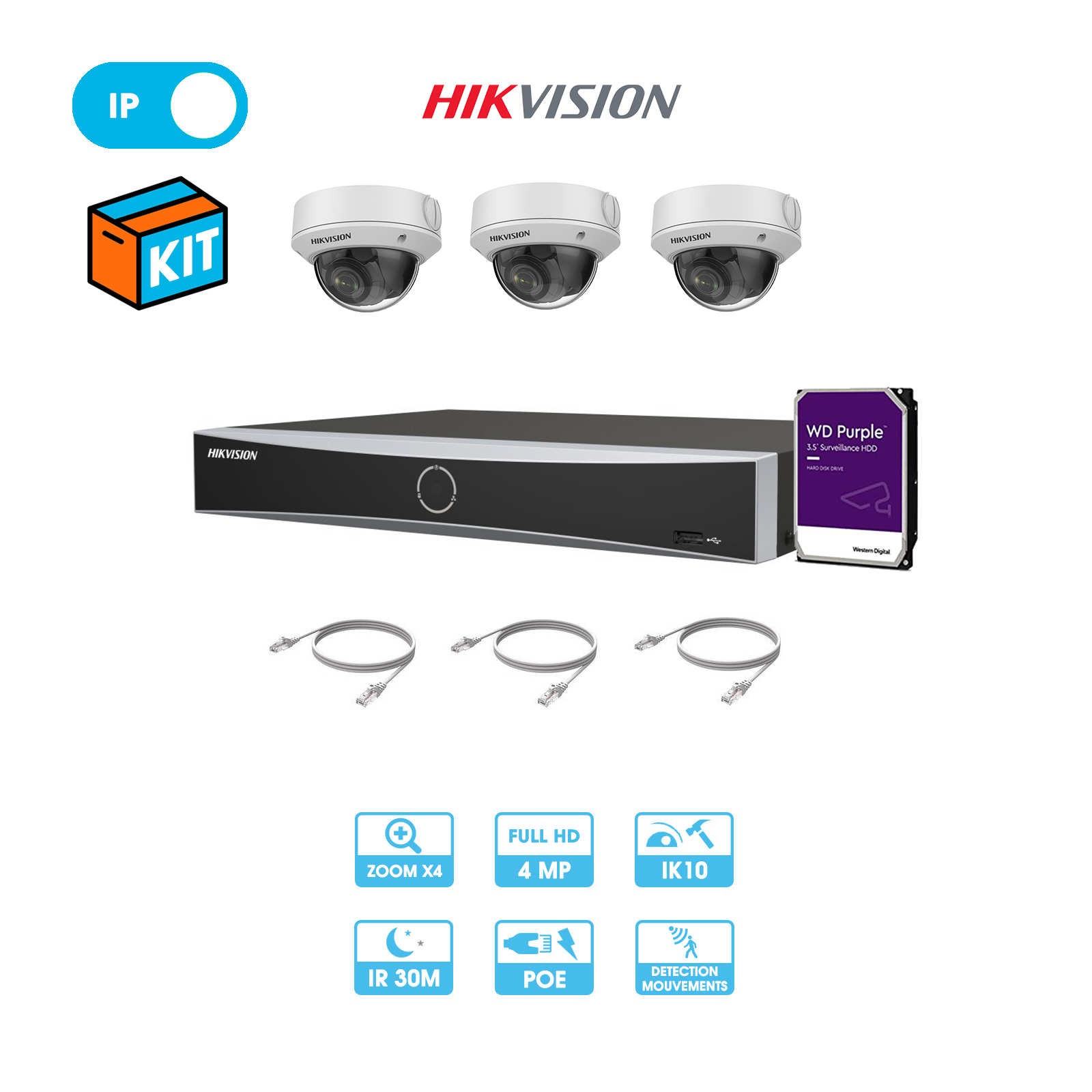 Système vidéosurveillance NVR POE 4 canaux + 4 dômes intelligents