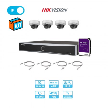 Kit vidéosurveillance 4 caméras dôme antivandale réseau Hikvision | 4 MP | Zoom x4 | IP PoE | Enregistreur + câbles + disque dur