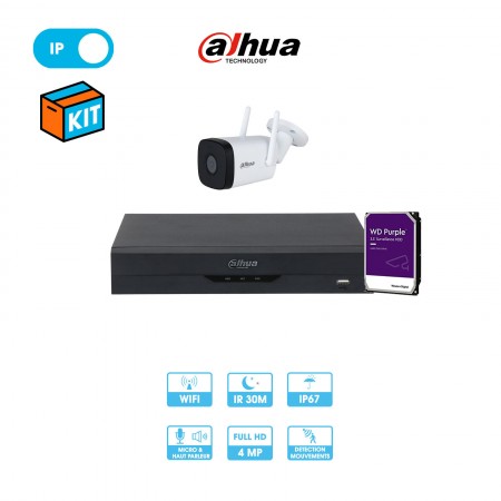 Kit vidéosurveillance 1 caméra wifi tube réseau Dahua | 4 MP | Micro et haut-parleur | Enregistreur + caméra