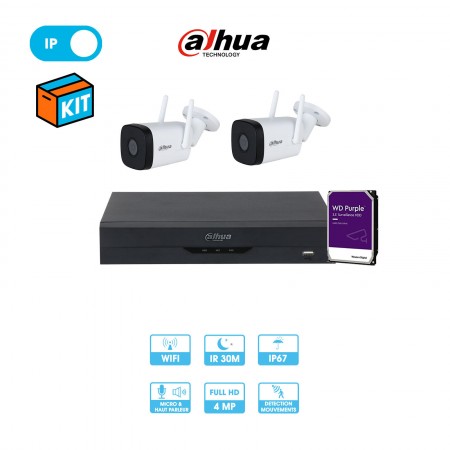Kit vidéosurveillance 2 caméras wifi tube réseau Dahua | 4 MP | Micro et haut-parleur | Enregistreur + caméras