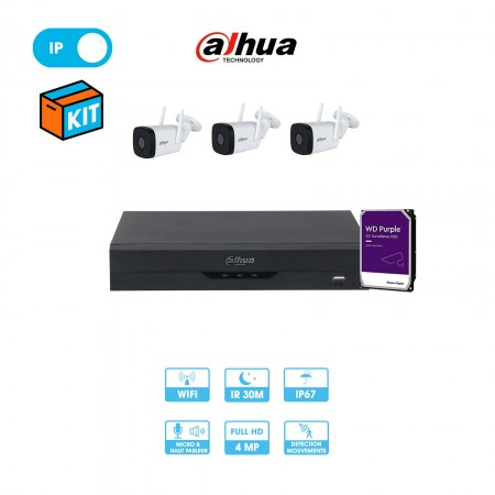 Kit vidéosurveillance 3 caméras wifi tube réseau Dahua | 4 MP | Micro et haut-parleur | Enregistreur + caméras