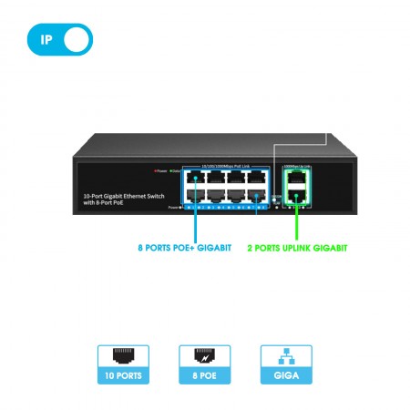 Switch 8 ports POE Gigabit 1000Mbps + 2 ports Uplink 1000Mbps