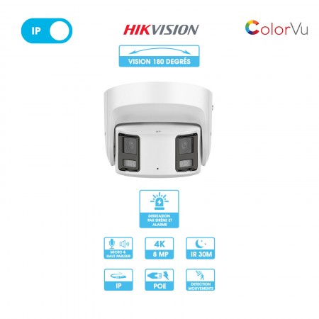 Caméra réseau Hikvision | Double objectif 180° | 8 MP (4K) | IP PoE | ColorVu