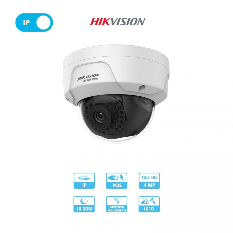Caméra réseau Hikvision Hiwatch | Dôme antivandalisme | 4 MP |Objectif fixe | IP PoE
