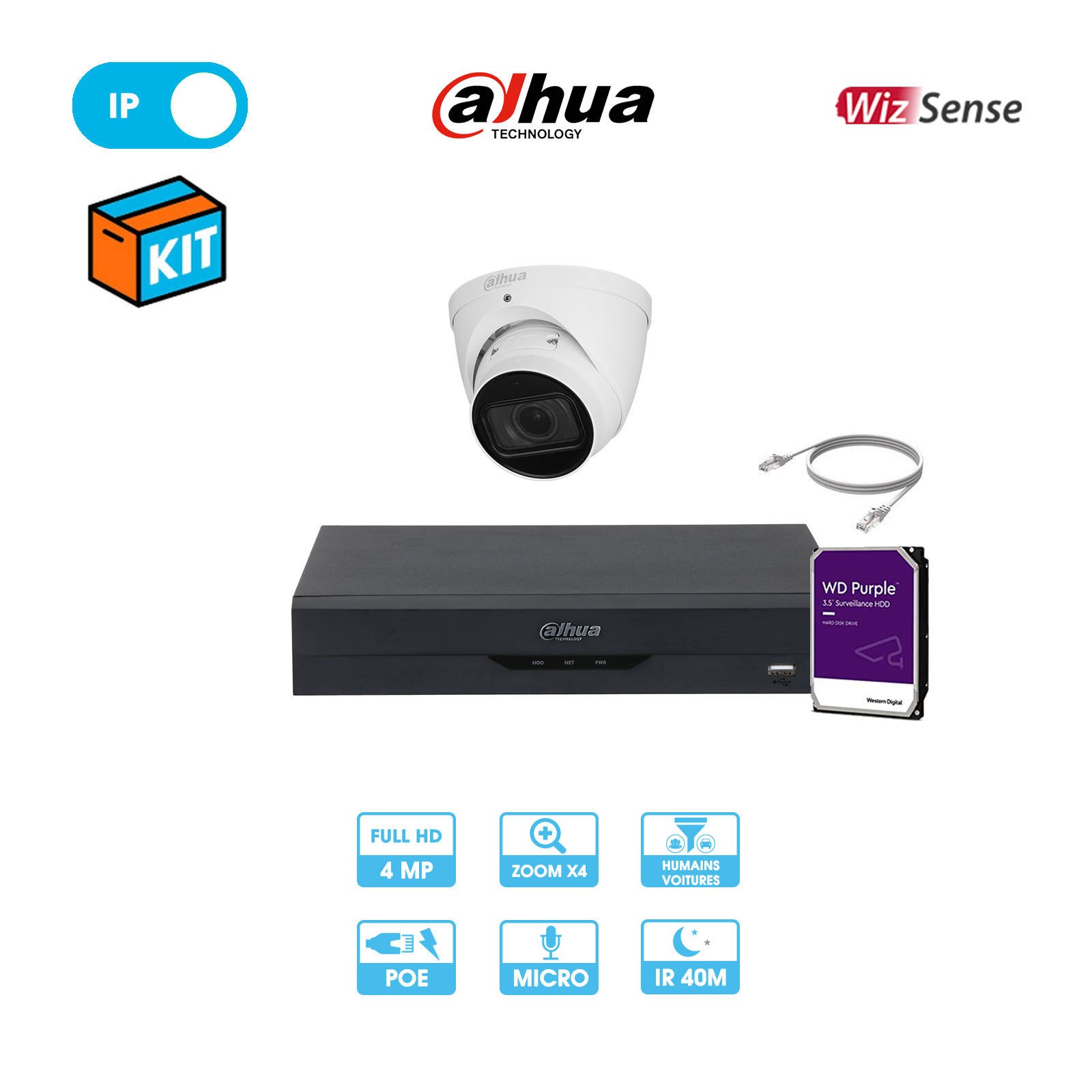 Kit vidéosurveillance 1 caméra dôme réseau Dahua | 4 MP | IP PoE | Zoom x4 | Wizsense